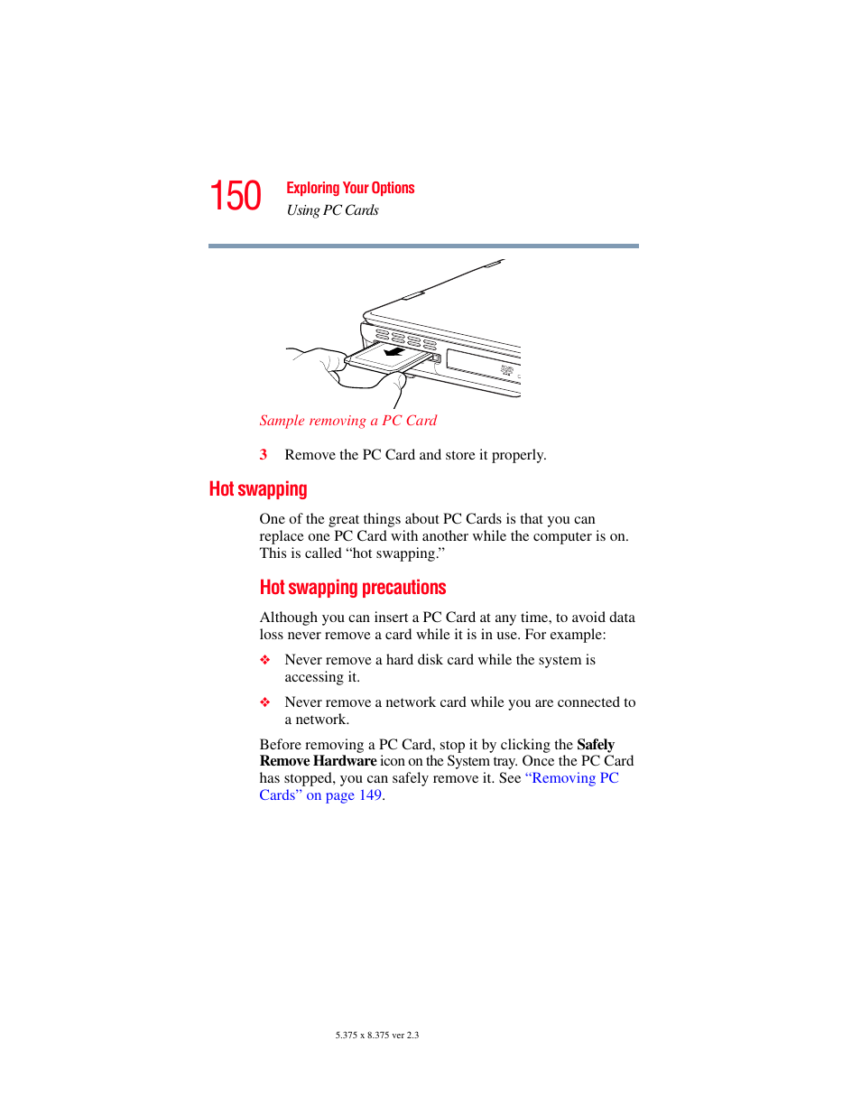 Hot swapping, Pc card (see, Hot swapping” on | Toshiba SATELLITE A60 User Manual | Page 150 / 242