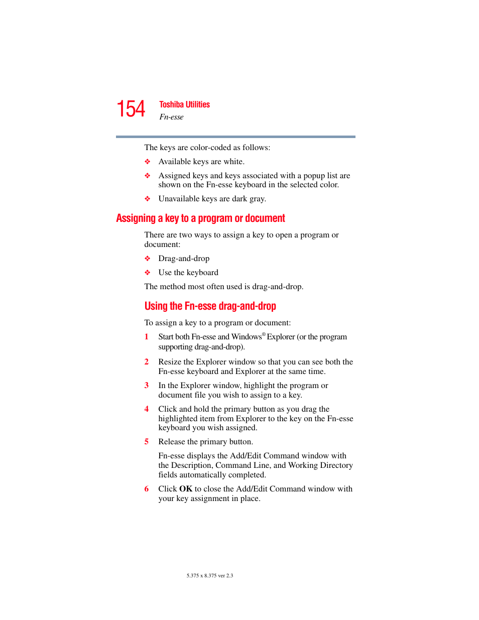 Assigning a key to a program or document, Using the fn-esse drag-and-drop | Toshiba SATELLITE A60 User Manual | Page 154 / 242