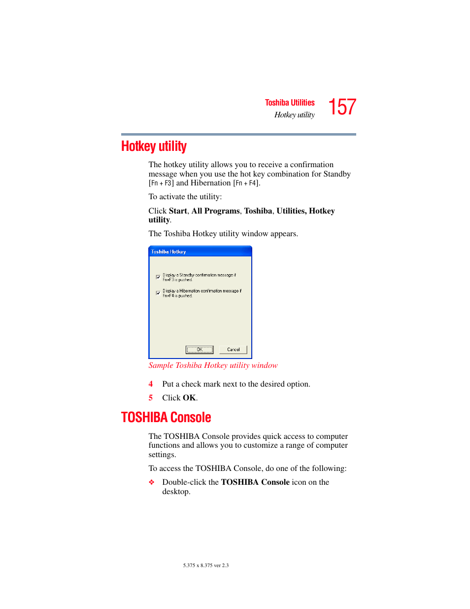 Hotkey utility, Toshiba console, Hotkey utility toshiba console | Toshiba SATELLITE A60 User Manual | Page 157 / 242