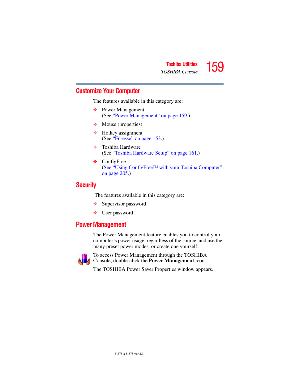 Customize your computer, Security, Power management | Customize your computer security power management, Power | Toshiba SATELLITE A60 User Manual | Page 159 / 242