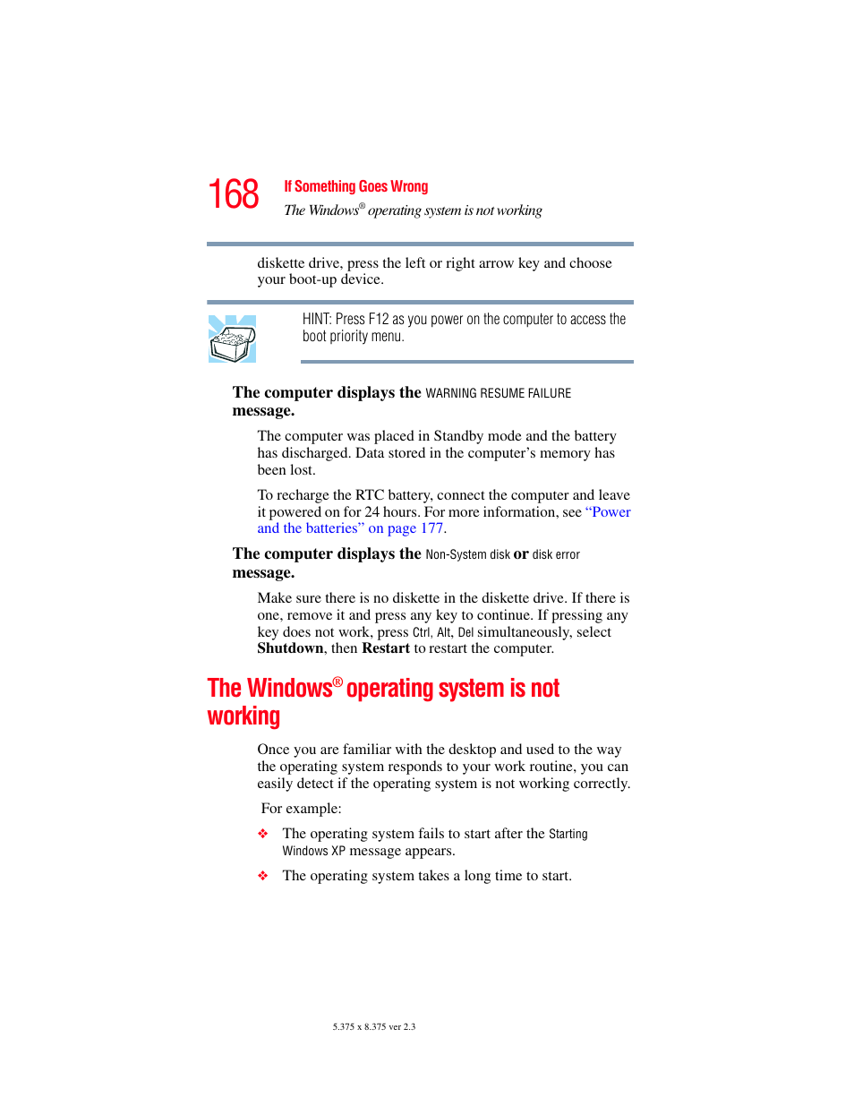 The windows® operating system is not working, The windows, Operating system is not working | Toshiba SATELLITE A60 User Manual | Page 168 / 242