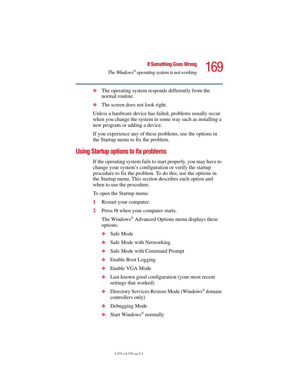Using startup options to fix problems | Toshiba SATELLITE A60 User Manual | Page 169 / 242