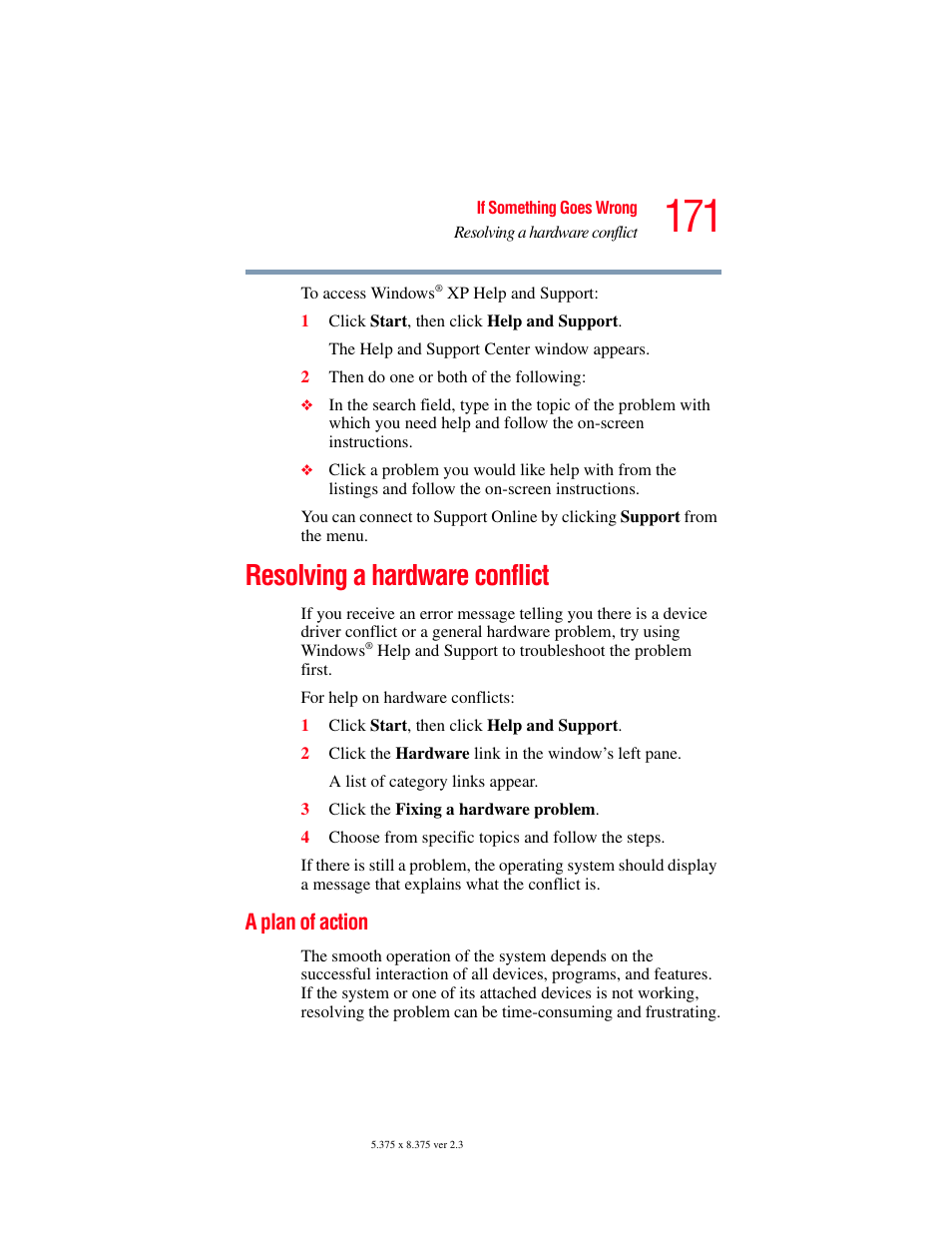 Resolving a hardware conflict, A plan of action | Toshiba SATELLITE A60 User Manual | Page 171 / 242