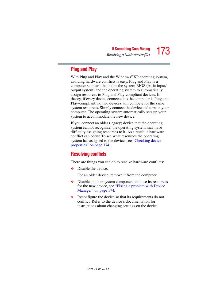 Plug and play, Resolving conflicts | Toshiba SATELLITE A60 User Manual | Page 173 / 242