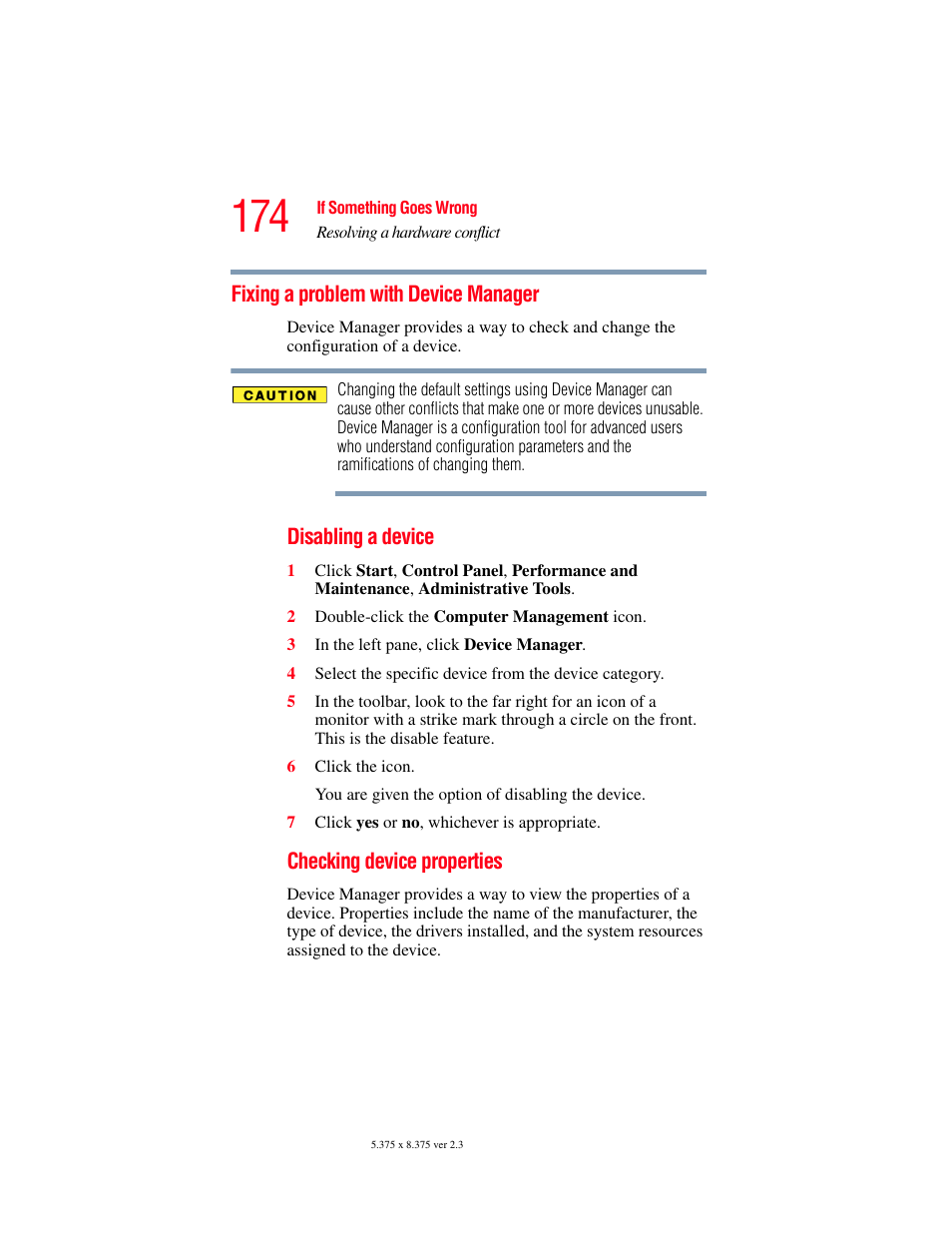 Fixing a problem with device manager, Checking device, Fixing a problem with device | Toshiba SATELLITE A60 User Manual | Page 174 / 242