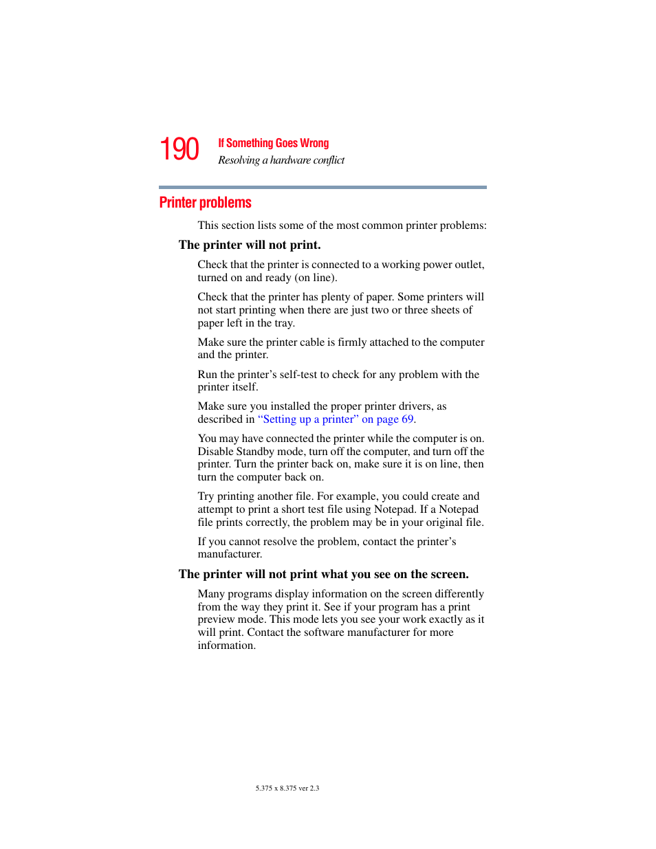 Printer problems | Toshiba SATELLITE A60 User Manual | Page 190 / 242