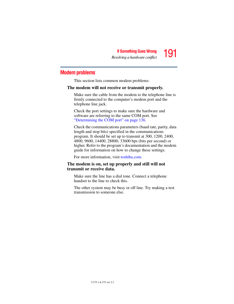 Modem problems | Toshiba SATELLITE A60 User Manual | Page 191 / 242