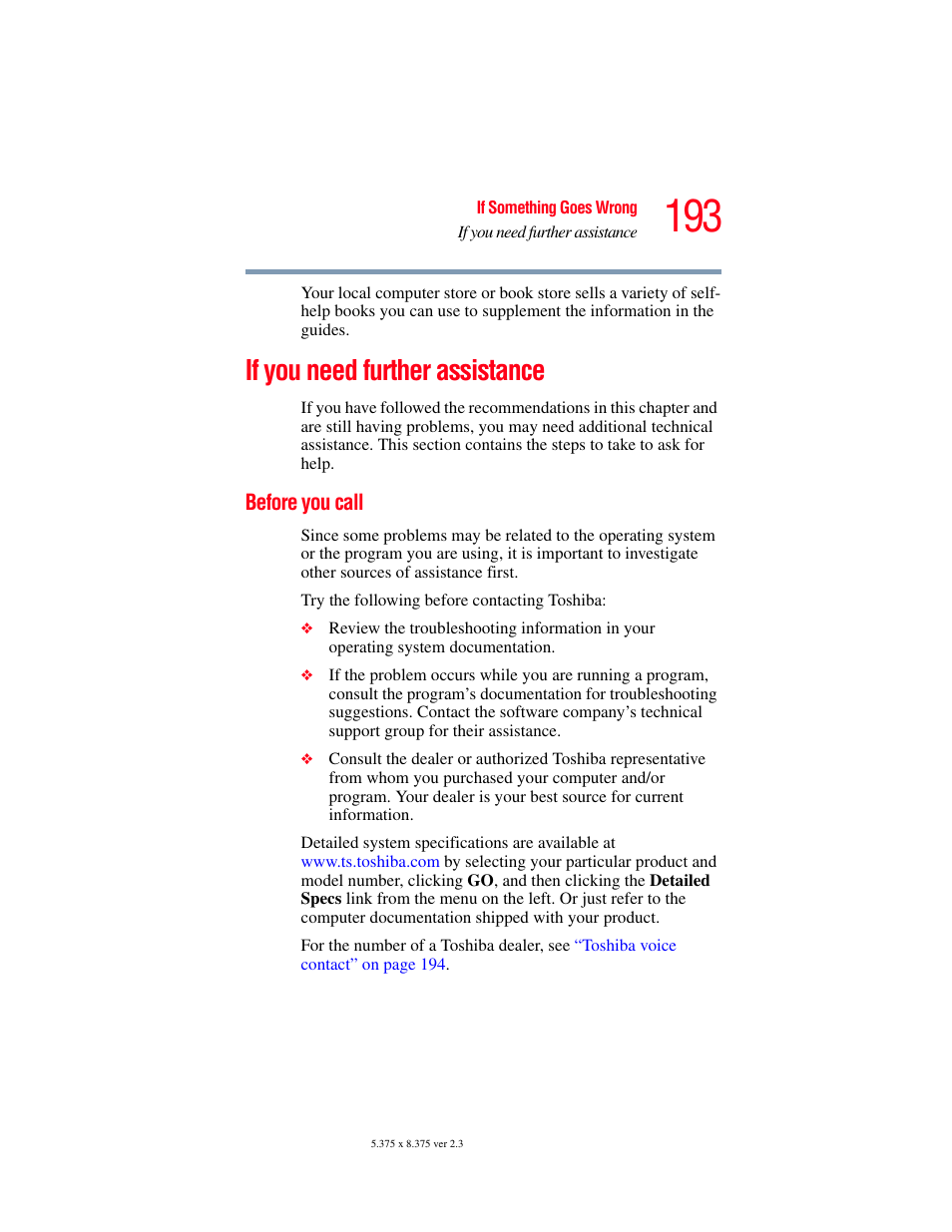 If you need further assistance, Before you call | Toshiba SATELLITE A60 User Manual | Page 193 / 242