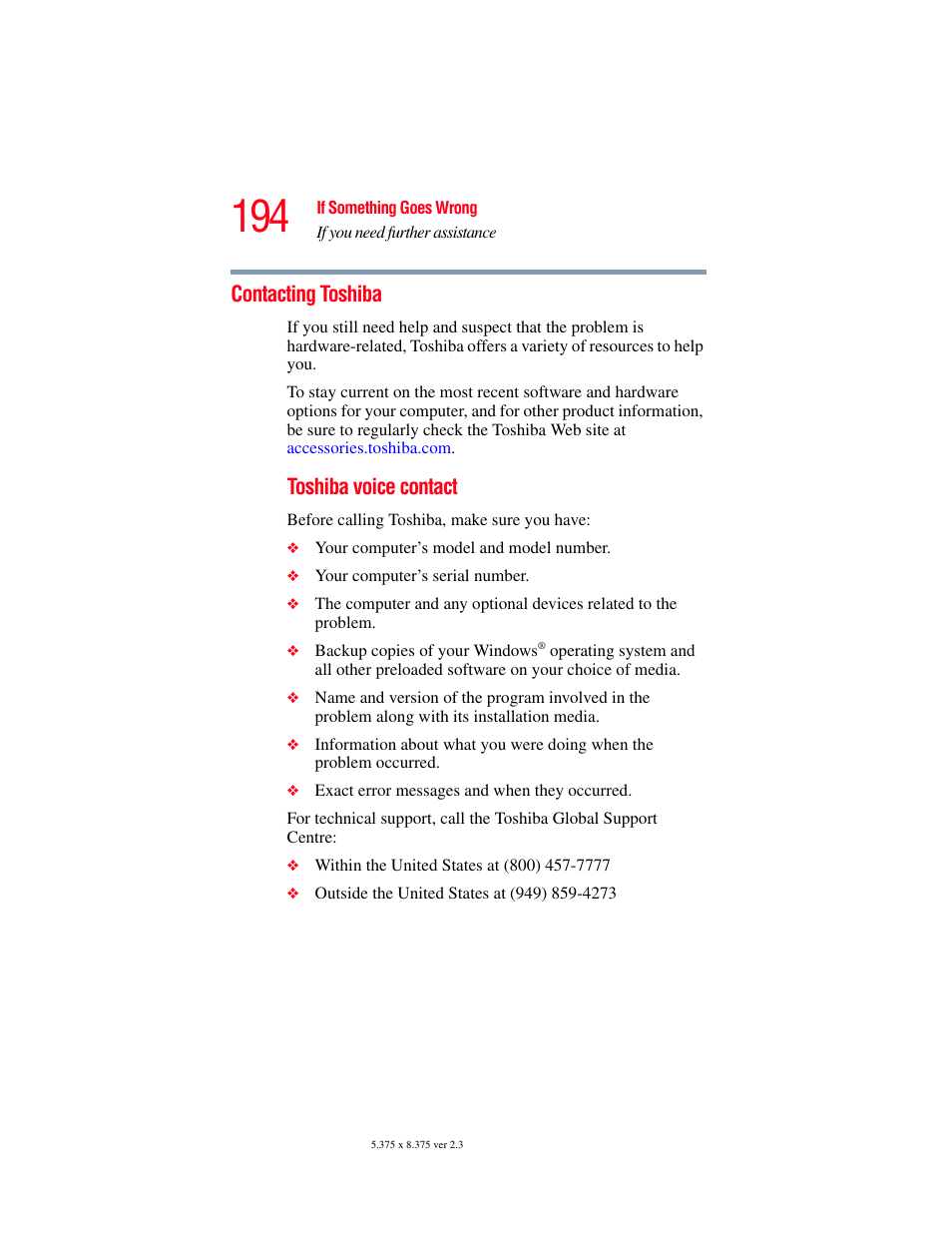 Contacting toshiba, Toshiba voice, Toshiba voice contact | Toshiba SATELLITE A60 User Manual | Page 194 / 242