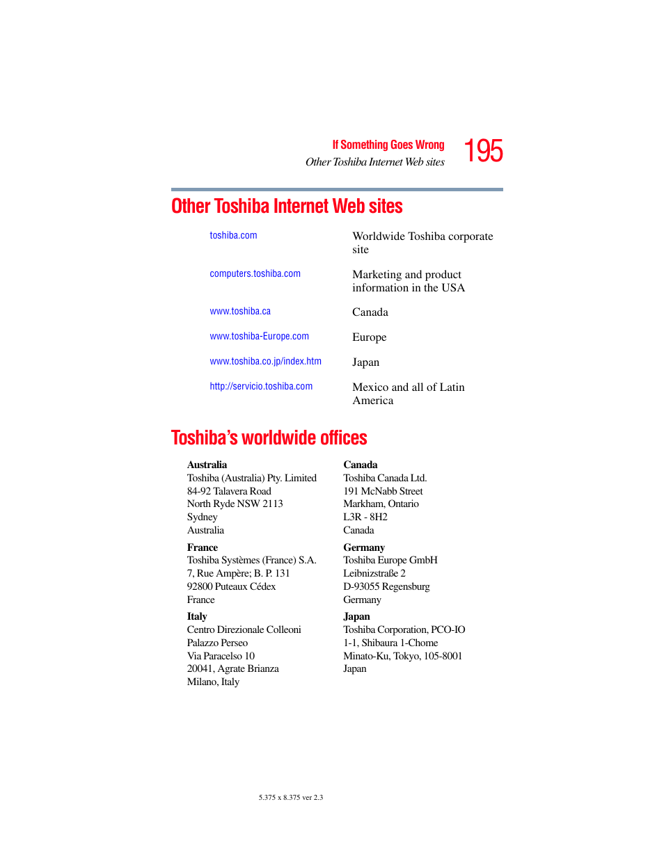 Other toshiba internet web sites, Toshiba’s worldwide offices | Toshiba SATELLITE A60 User Manual | Page 195 / 242