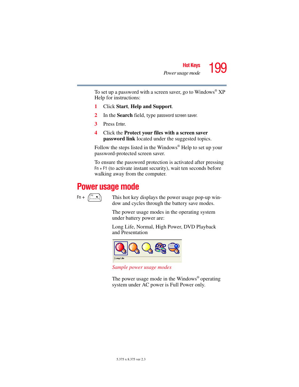 Power usage mode, Power usage | Toshiba SATELLITE A60 User Manual | Page 199 / 242