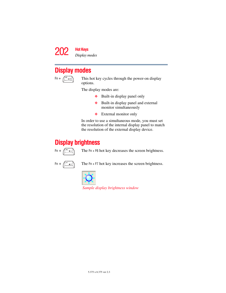 Display modes, Display brightness, Display modes display brightness | Toshiba SATELLITE A60 User Manual | Page 202 / 242