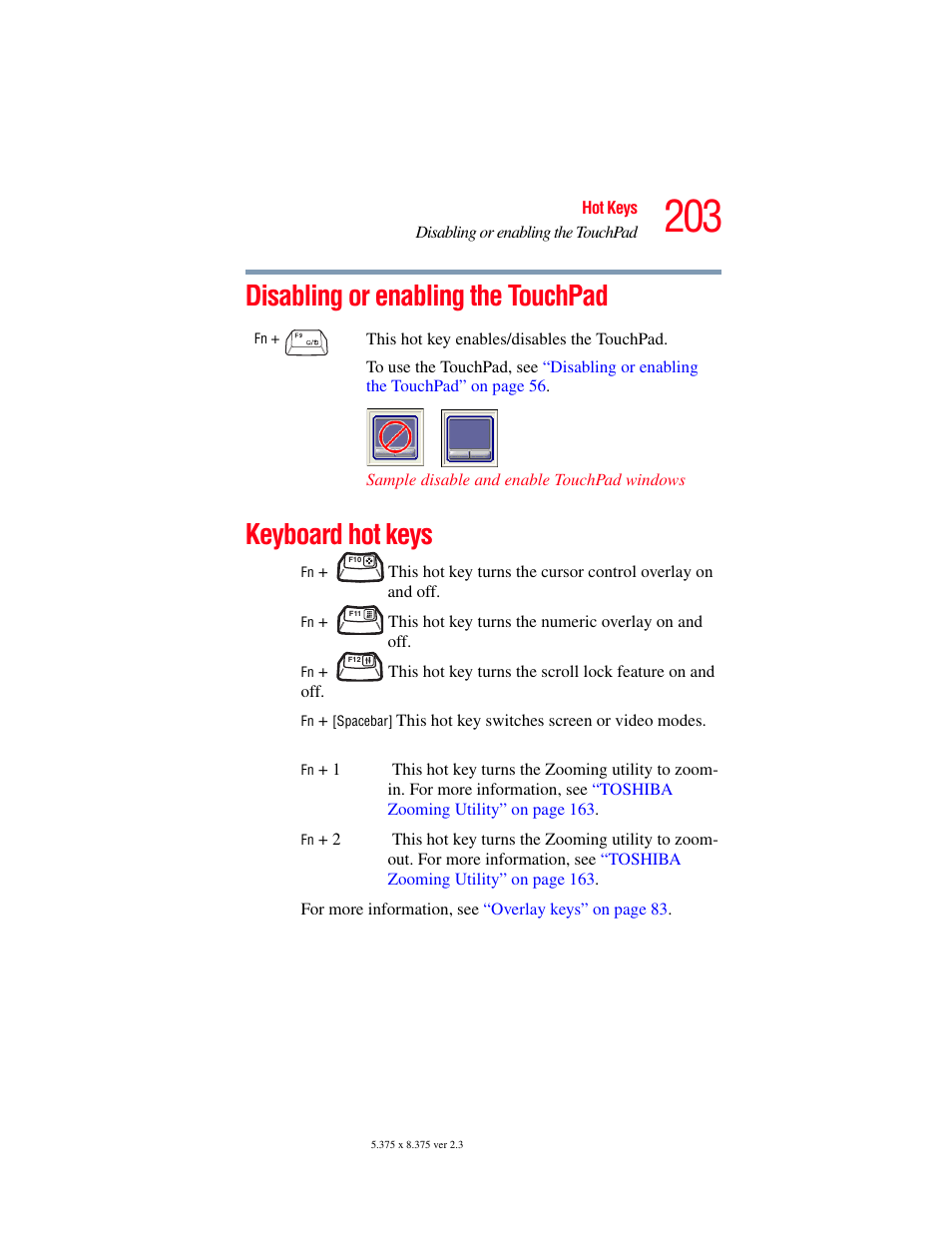 Disabling or enabling the touchpad, Keyboard hot keys | Toshiba SATELLITE A60 User Manual | Page 203 / 242