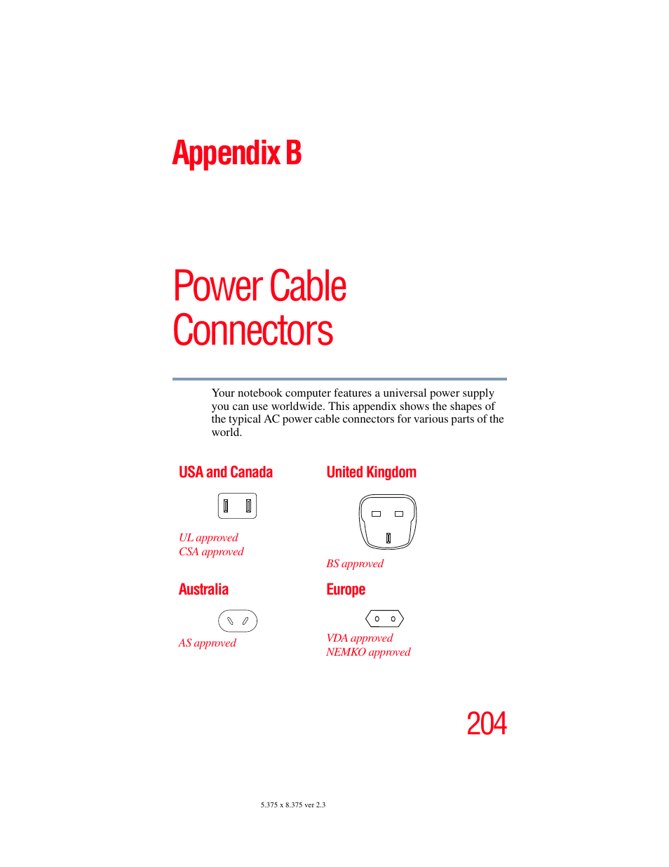 Appendix b: power cable connectors, Power cable connectors, Appendix b | Toshiba SATELLITE A60 User Manual | Page 204 / 242