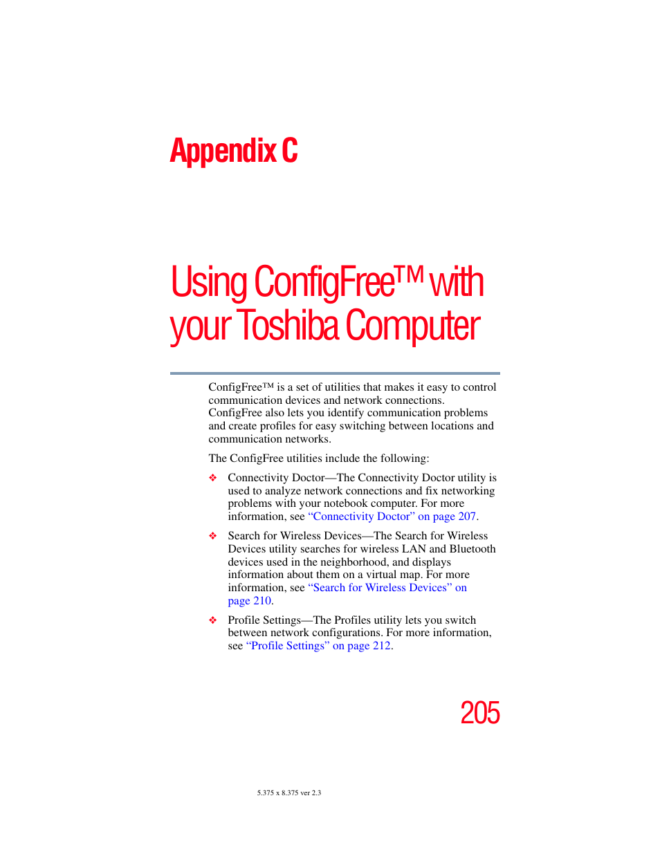Appendix c: using configfree™ with your, Toshiba computer, See “using configfree™ with your toshiba computer | Using configfree™ with your toshiba computer, Appendix c | Toshiba SATELLITE A60 User Manual | Page 205 / 242