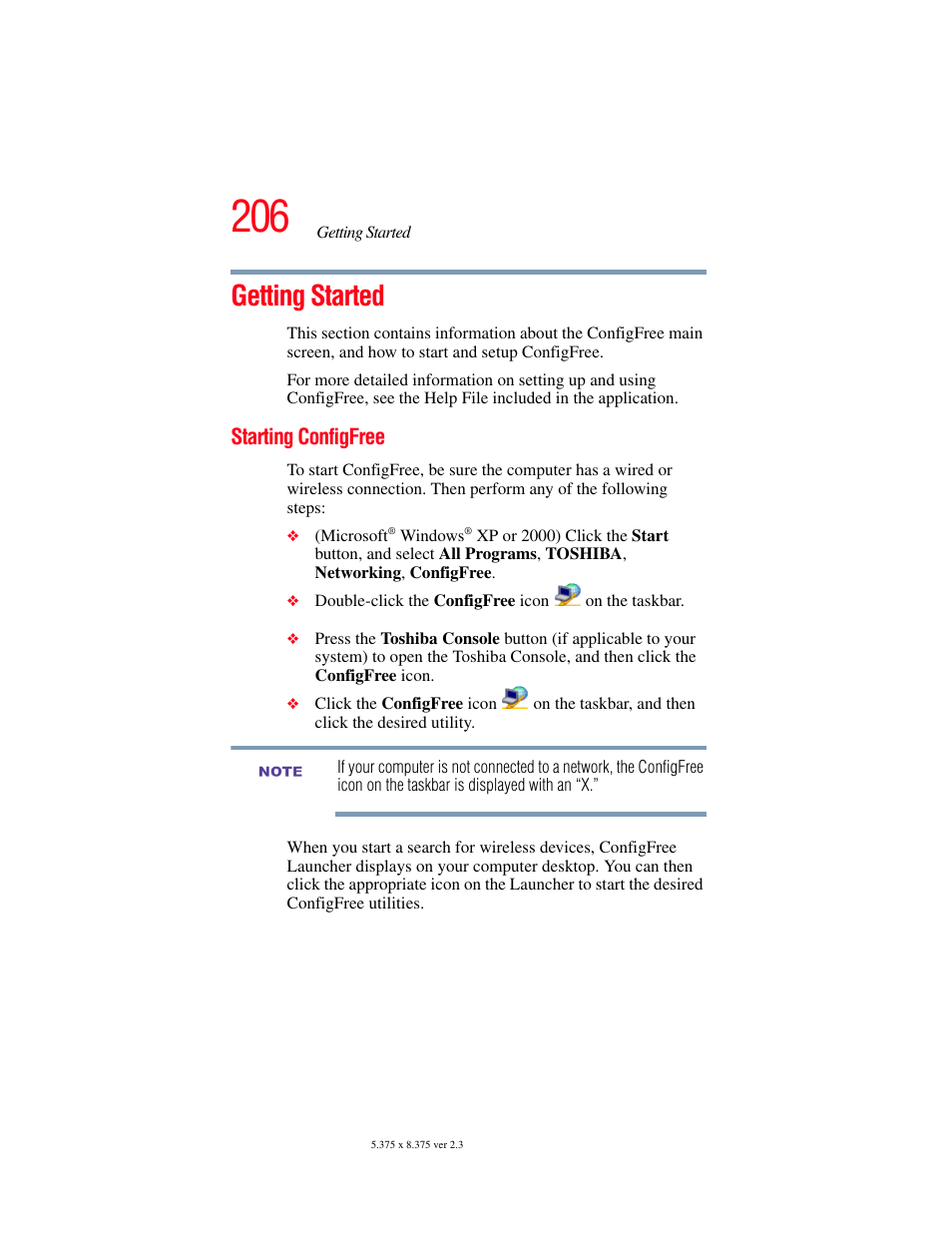 Getting started, Starting configfree | Toshiba SATELLITE A60 User Manual | Page 206 / 242