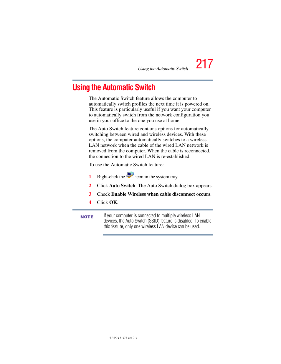 Using the automatic switch | Toshiba SATELLITE A60 User Manual | Page 217 / 242