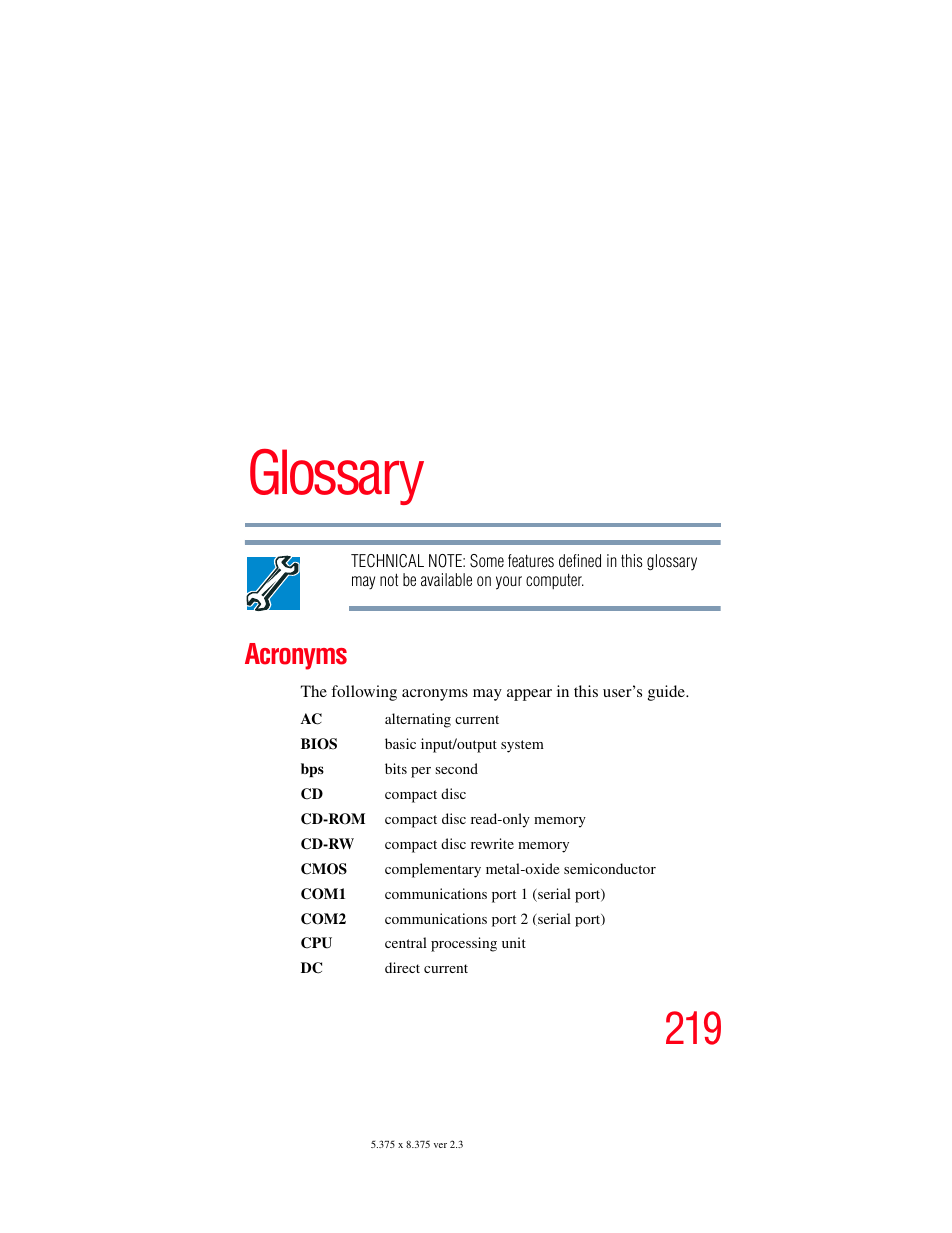 Glossary, Acronyms | Toshiba SATELLITE A60 User Manual | Page 219 / 242