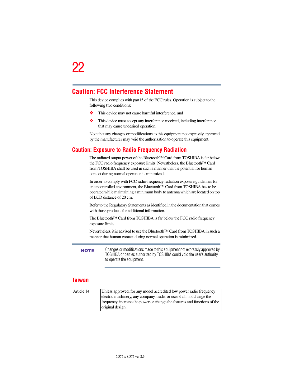 Caution: fcc interference statement | Toshiba SATELLITE A60 User Manual | Page 22 / 242