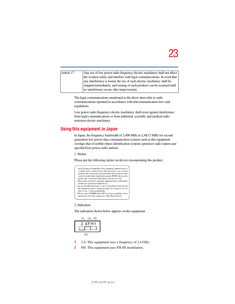 Using this equipment in japan | Toshiba SATELLITE A60 User Manual | Page 23 / 242