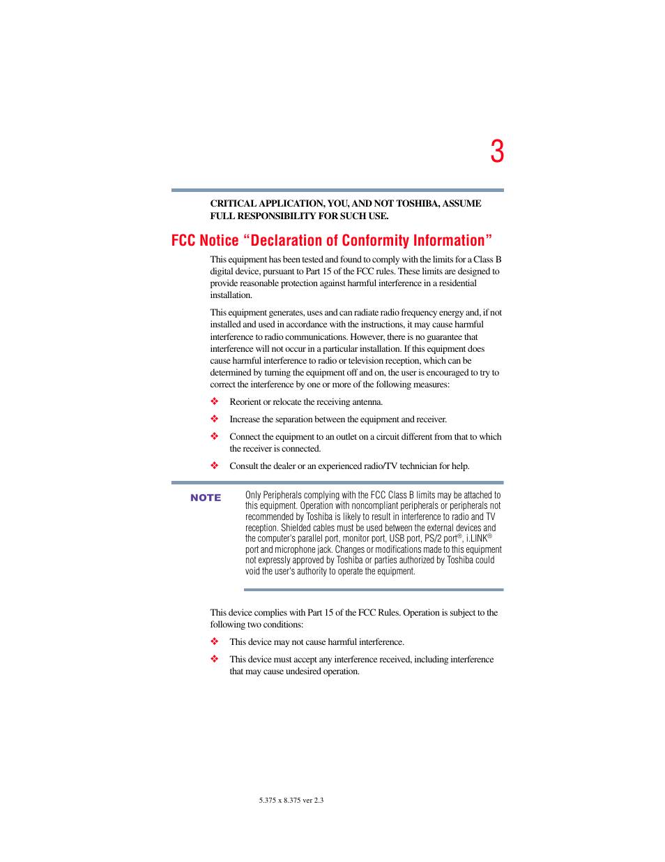 Fcc notice “declaration of conformity information | Toshiba SATELLITE A60 User Manual | Page 3 / 242