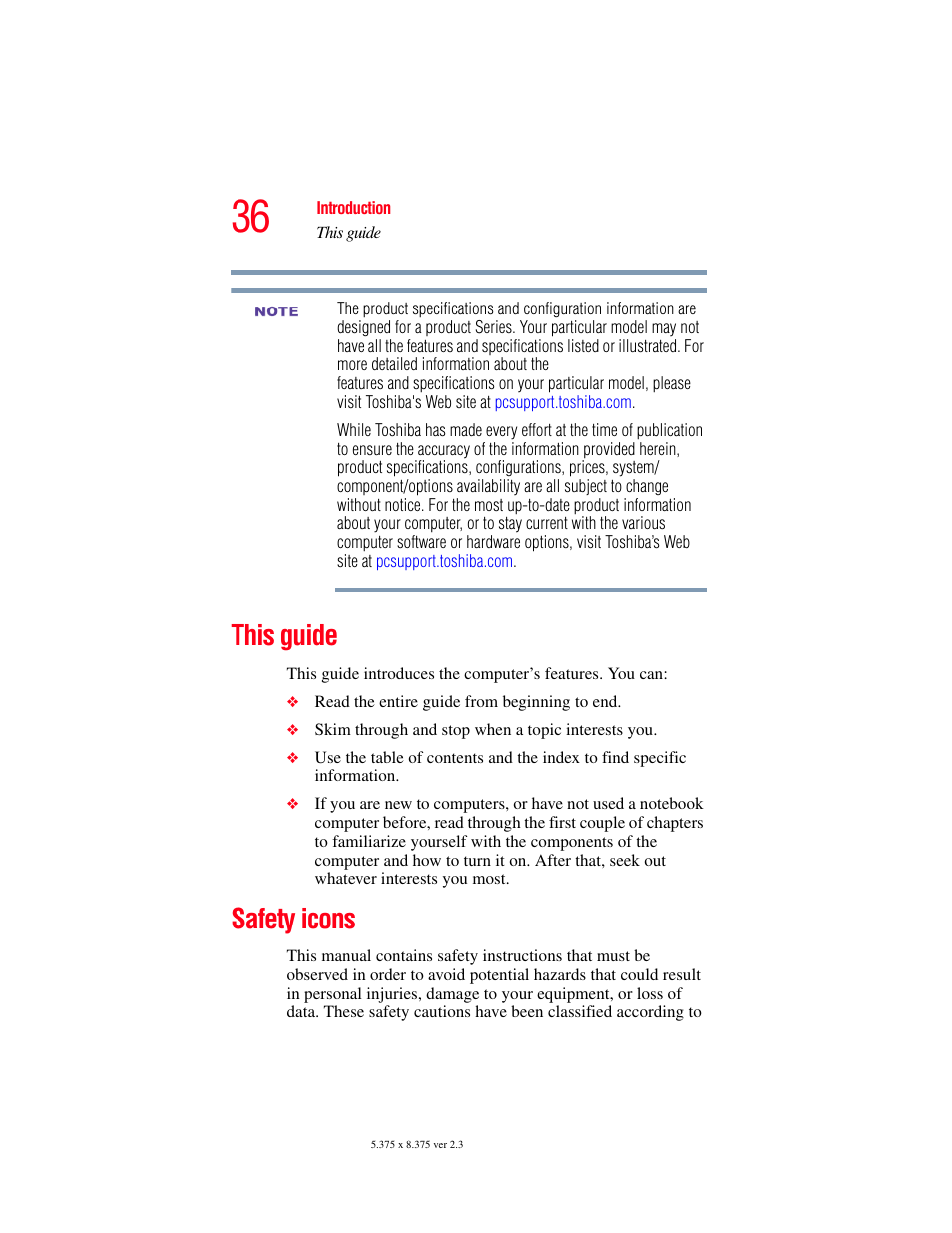 This guide, Safety icons, This guide safety icons | Toshiba SATELLITE A60 User Manual | Page 36 / 242