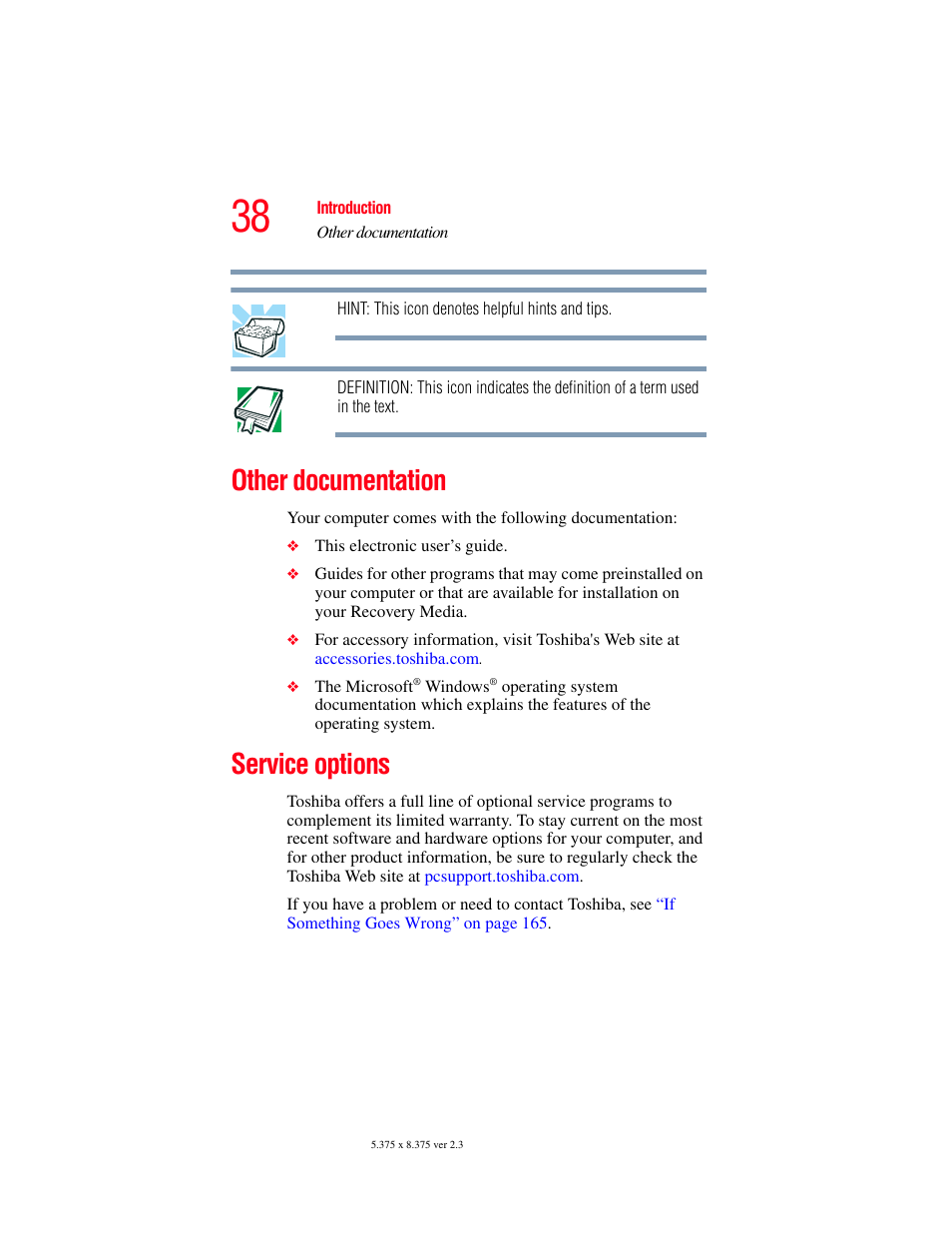 Other documentation, Service options, Other documentation service options | Toshiba SATELLITE A60 User Manual | Page 38 / 242