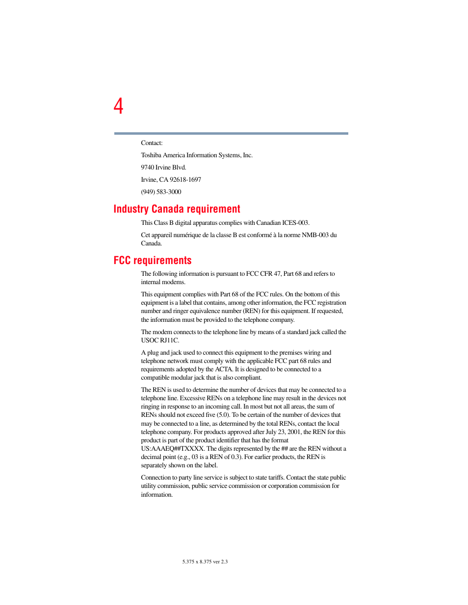 Industry canada requirement, Fcc requirements | Toshiba SATELLITE A60 User Manual | Page 4 / 242