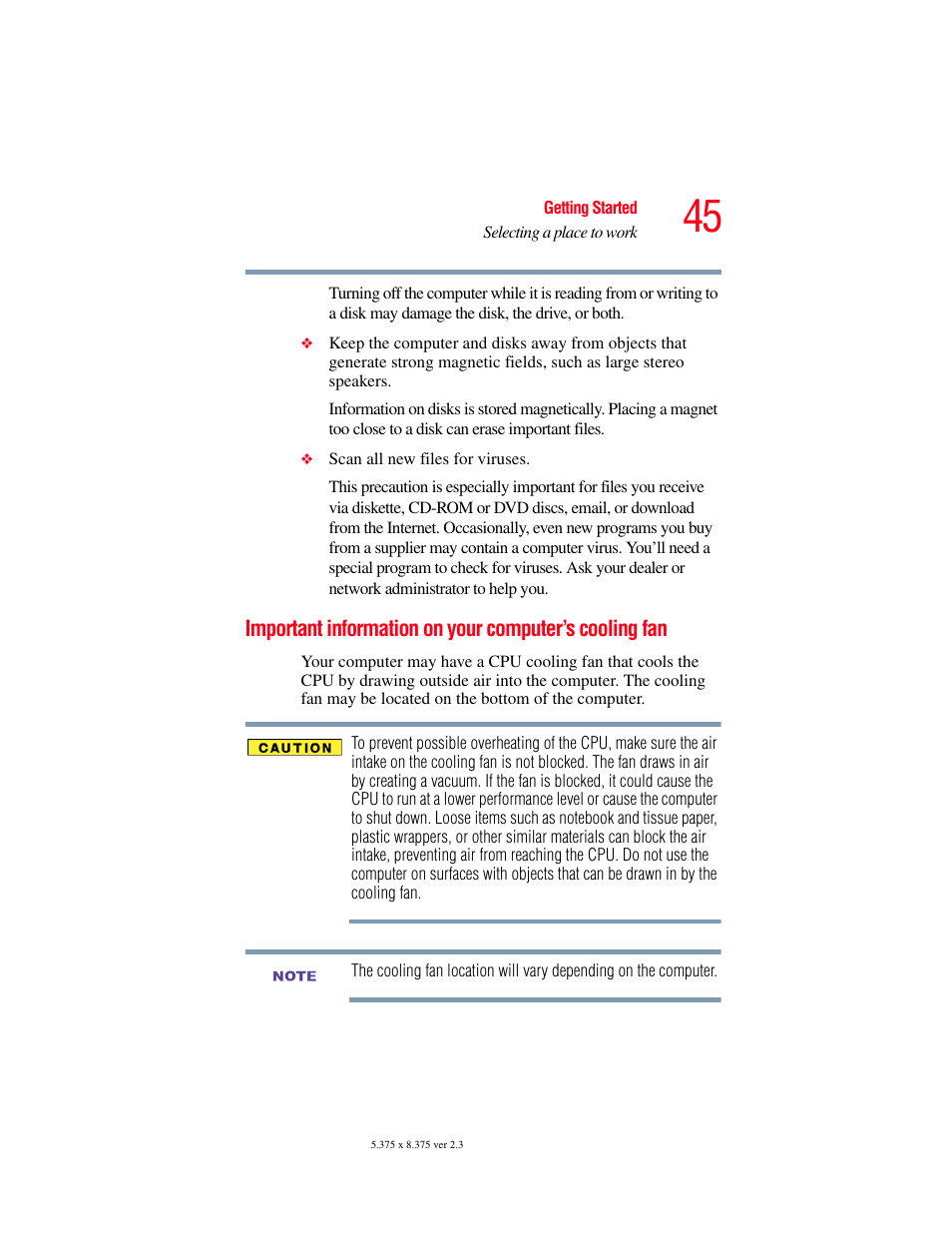 Important information on your computer’s, Cooling fan | Toshiba SATELLITE A60 User Manual | Page 45 / 242