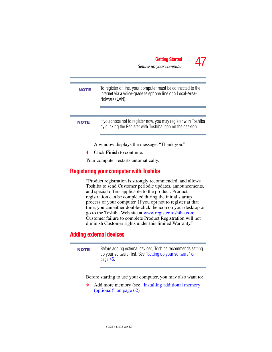 Registering your computer with toshiba, Adding external devices | Toshiba SATELLITE A60 User Manual | Page 47 / 242