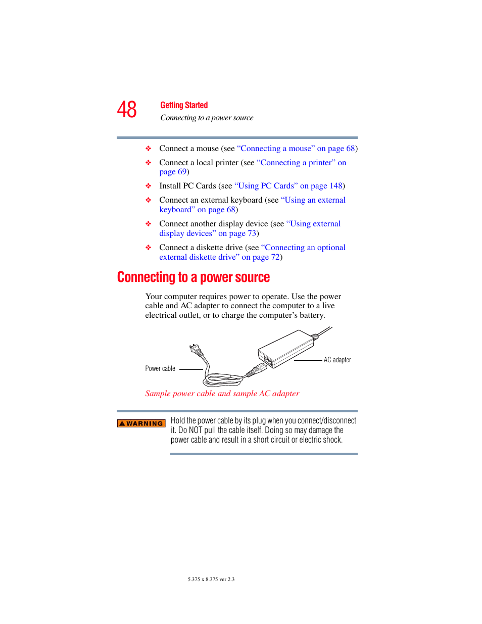 Connecting to a power source | Toshiba SATELLITE A60 User Manual | Page 48 / 242