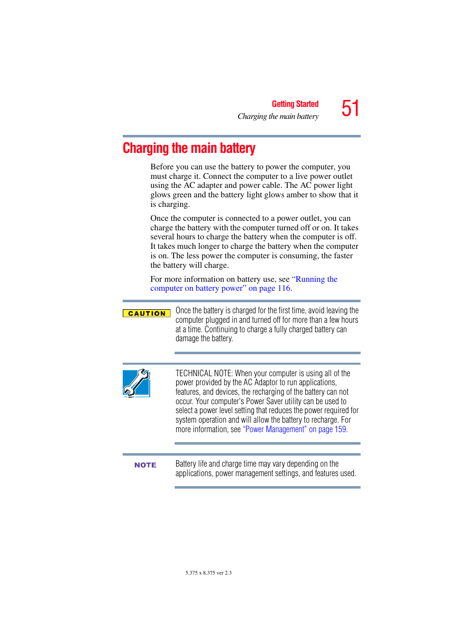 Charging the main battery | Toshiba SATELLITE A60 User Manual | Page 51 / 242