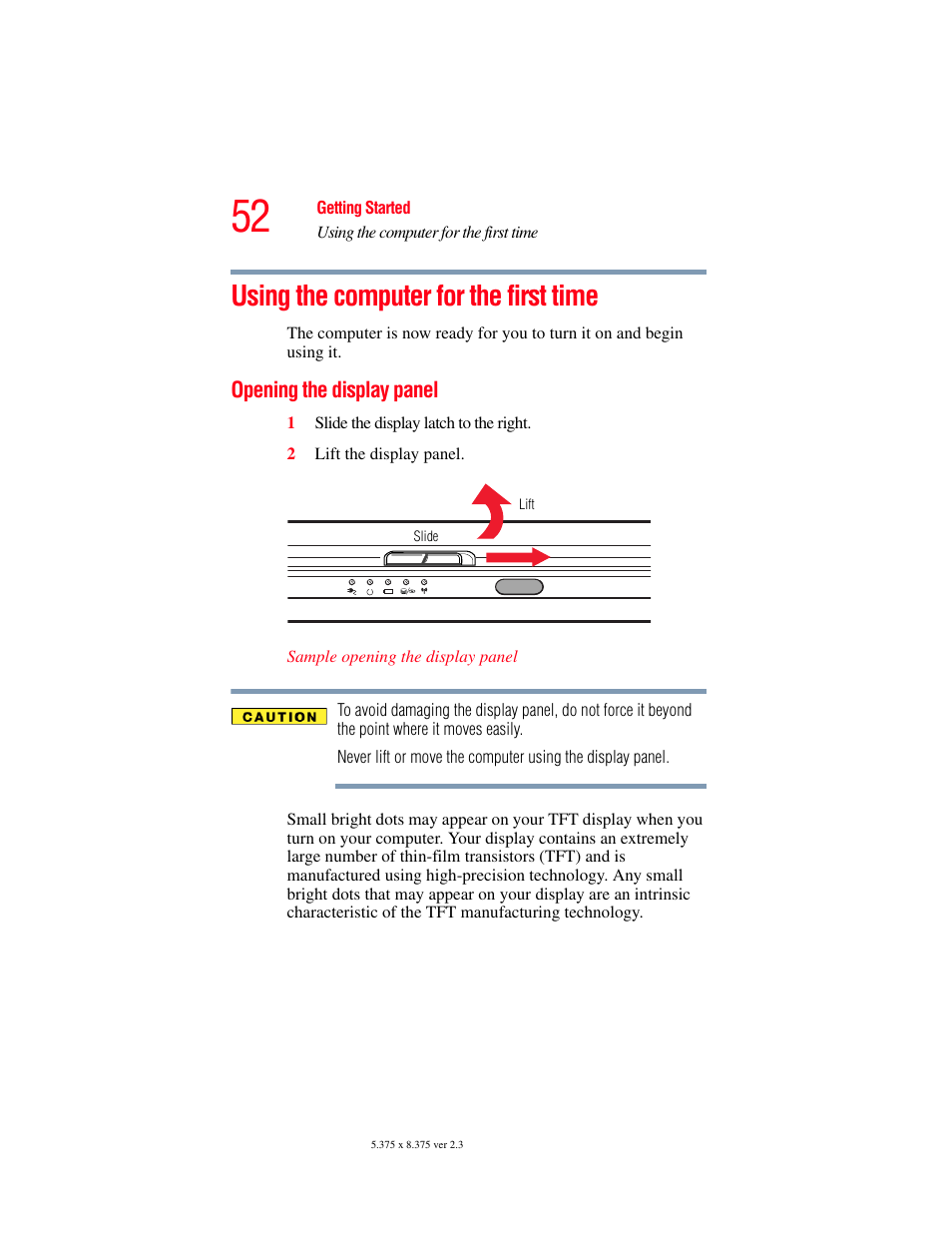 Using the computer for the first time, Opening the display panel | Toshiba SATELLITE A60 User Manual | Page 52 / 242