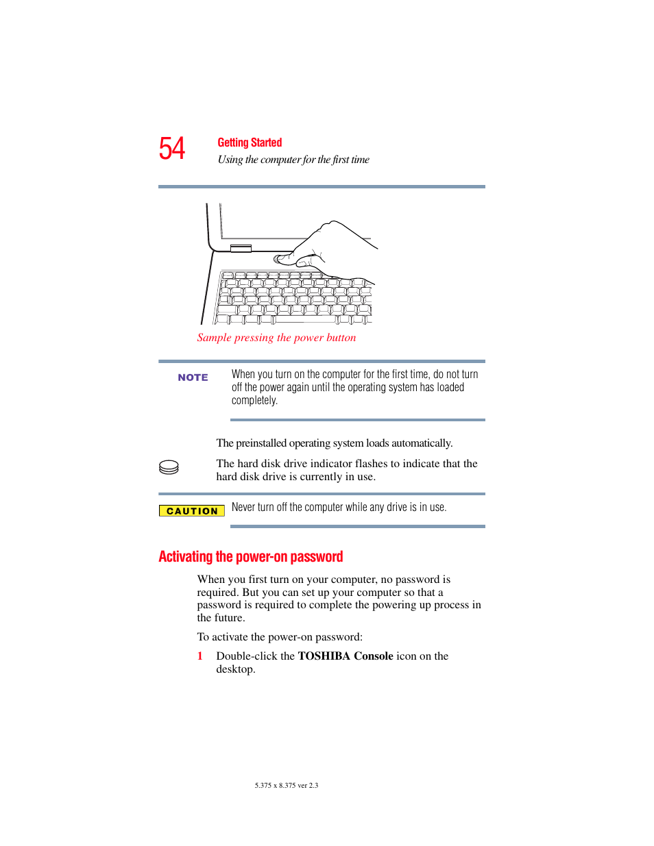 Activating the power-on password | Toshiba SATELLITE A60 User Manual | Page 54 / 242