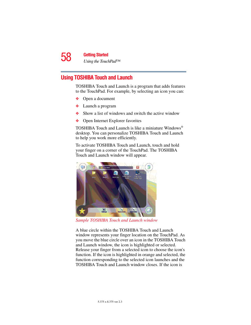 Using toshiba touch and launch | Toshiba SATELLITE A60 User Manual | Page 58 / 242