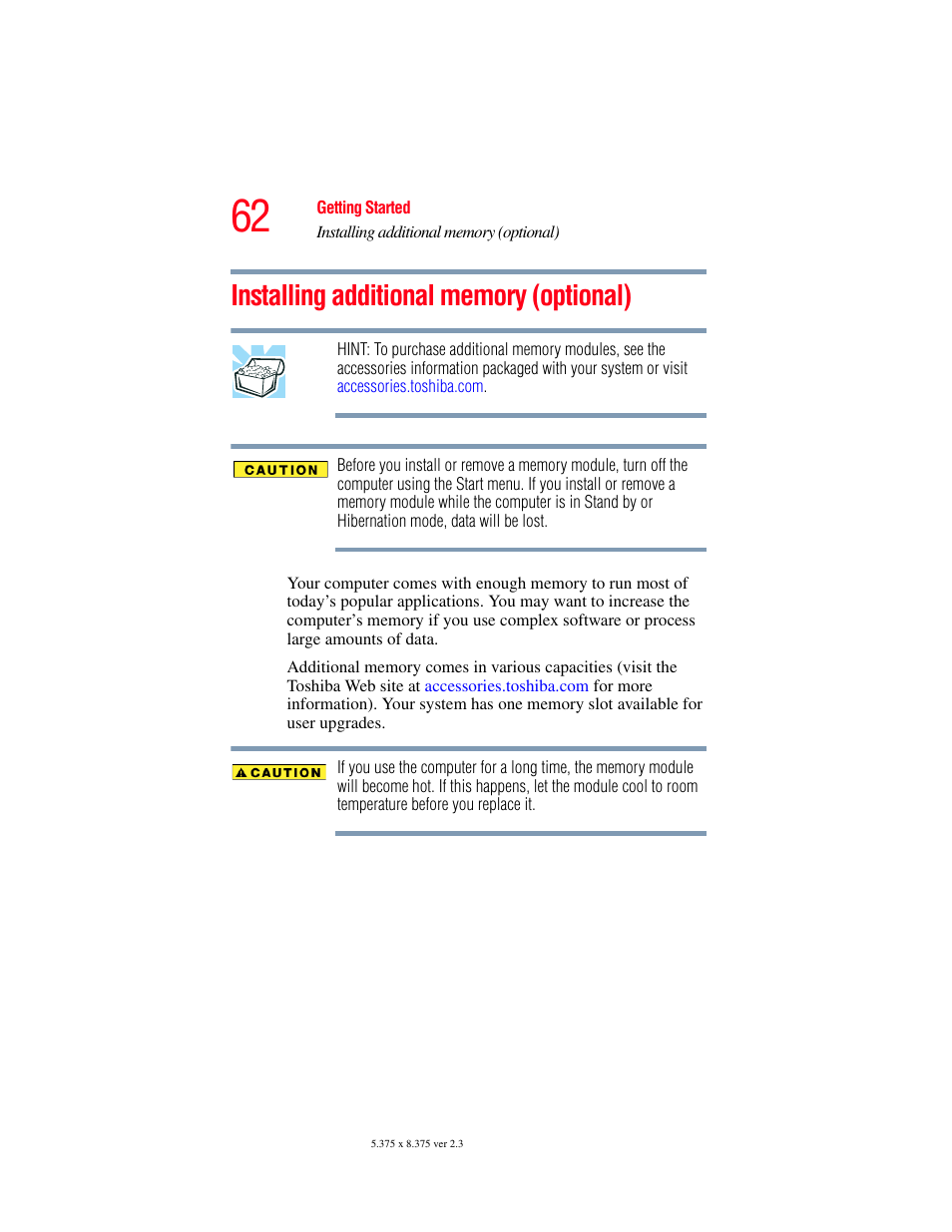 Installing additional memory (optional), Installing additional memory | Toshiba SATELLITE A60 User Manual | Page 62 / 242