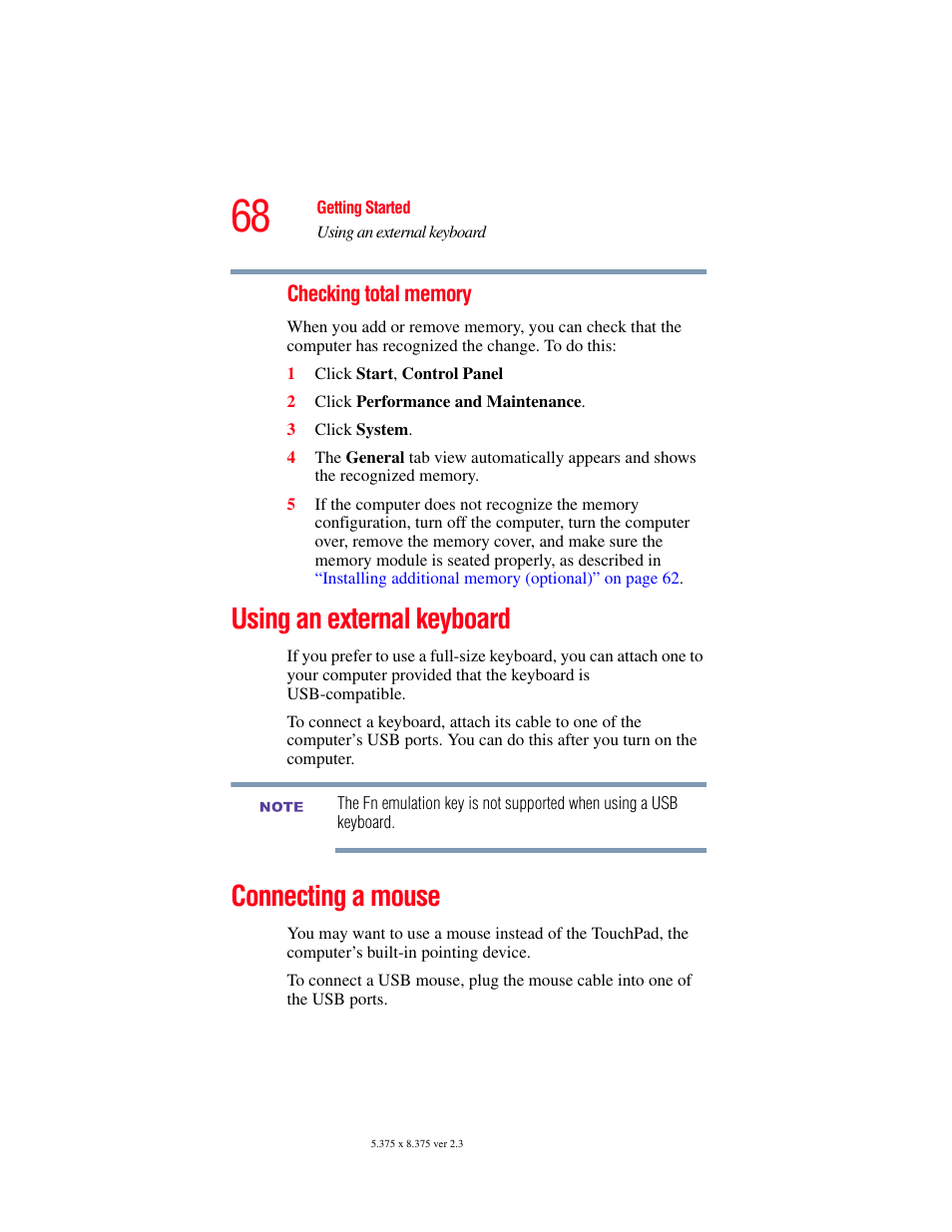 Using an external keyboard, Connecting a mouse, Using an external keyboard connecting a mouse | Using an external | Toshiba SATELLITE A60 User Manual | Page 68 / 242