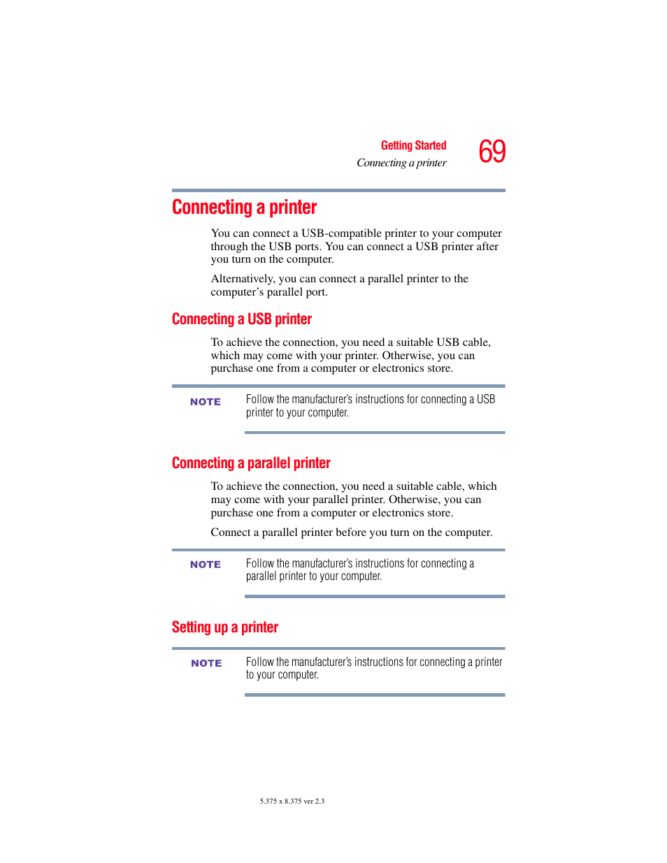 Connecting a printer, Connecting a usb printer, Connecting a parallel printer | Setting up a printer, Connect a local printer (see, Connecting a printer” on | Toshiba SATELLITE A60 User Manual | Page 69 / 242