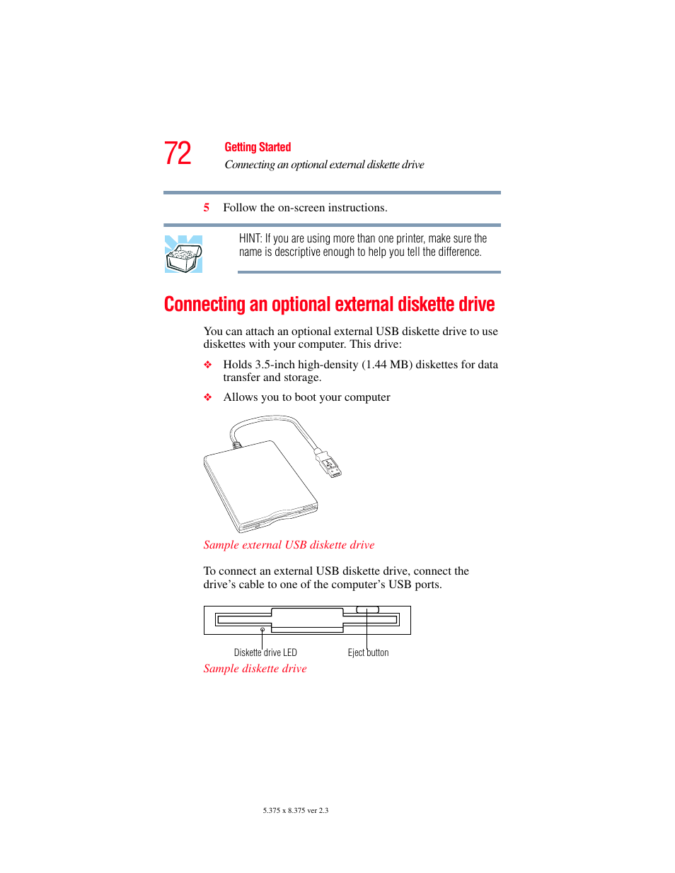 Connecting an optional external diskette drive, Connecting an optional | Toshiba SATELLITE A60 User Manual | Page 72 / 242