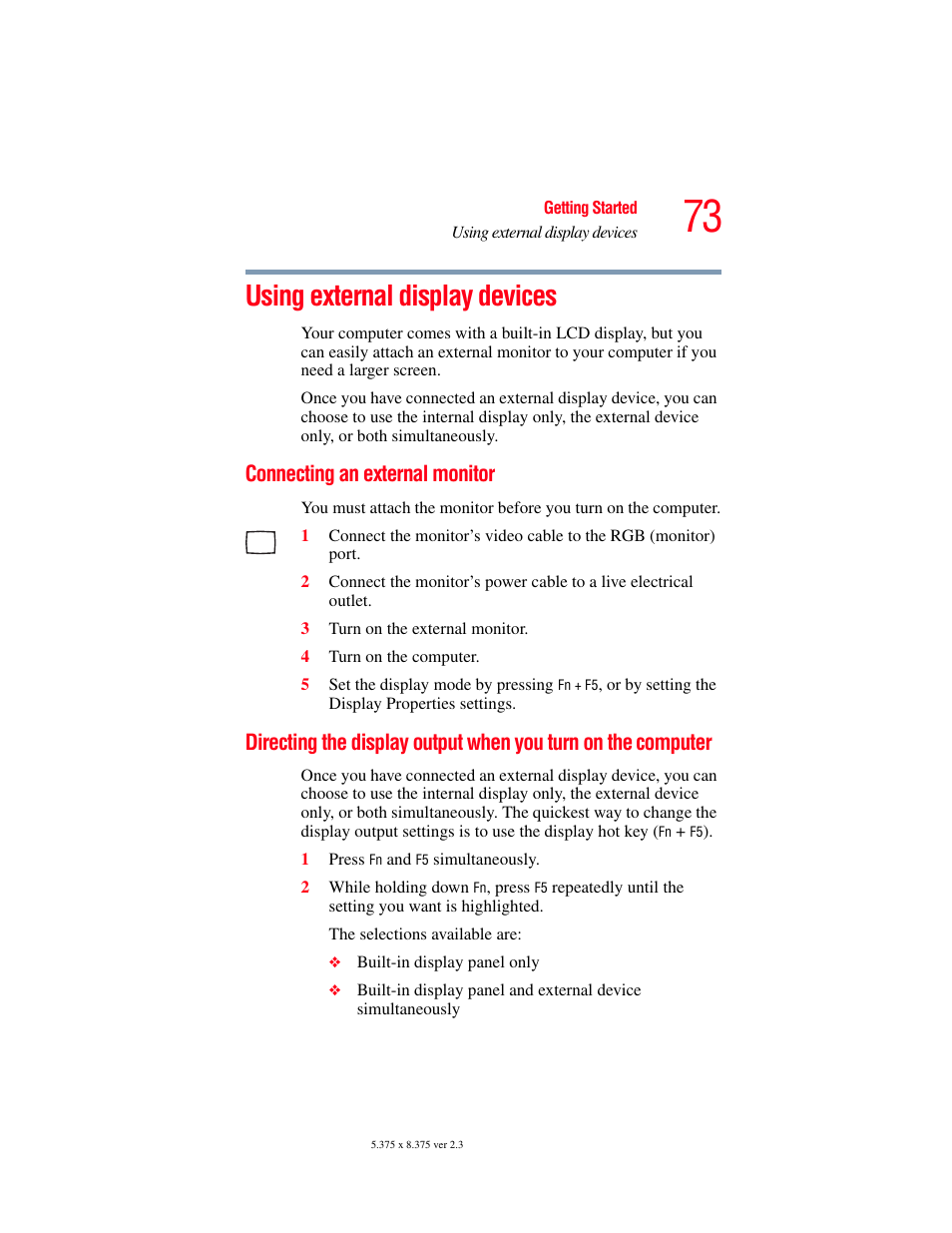 Using external display devices, Connecting an external monitor, The computer | Using external | Toshiba SATELLITE A60 User Manual | Page 73 / 242