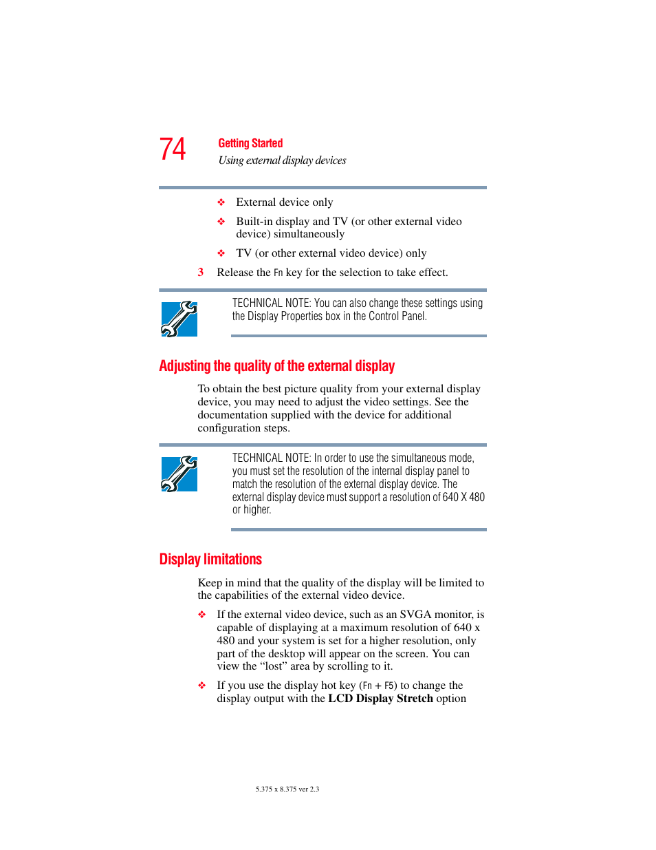 Adjusting the quality of the external display, Display limitations | Toshiba SATELLITE A60 User Manual | Page 74 / 242