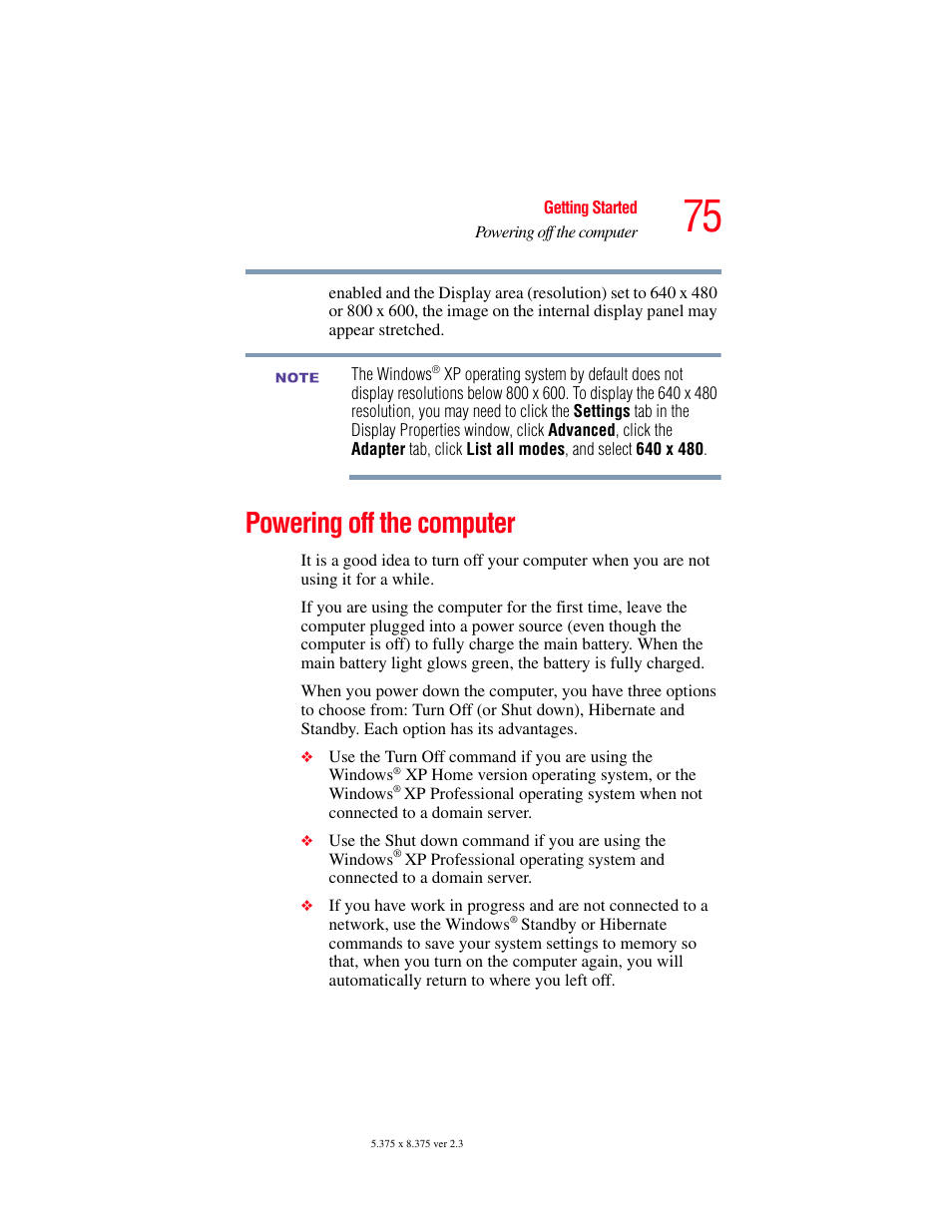 Powering off the computer | Toshiba SATELLITE A60 User Manual | Page 75 / 242