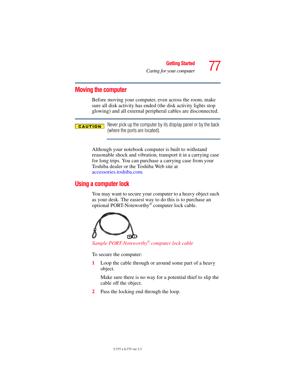 Moving the computer, Using a computer lock, Moving the computer using a computer lock | Toshiba SATELLITE A60 User Manual | Page 77 / 242