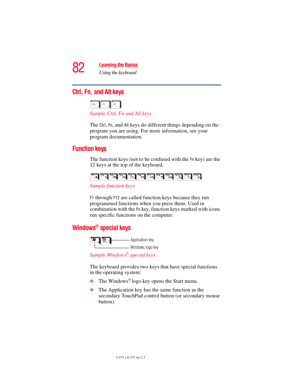 Ctrl, fn, and alt keys, Function keys, Windows® special keys | Ctrl, fn, and alt keys function keys, Windows, Special keys | Toshiba SATELLITE A60 User Manual | Page 82 / 242