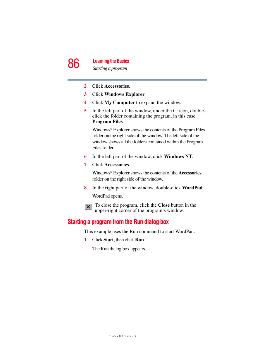 Starting a program from the run dialog box | Toshiba SATELLITE A60 User Manual | Page 86 / 242