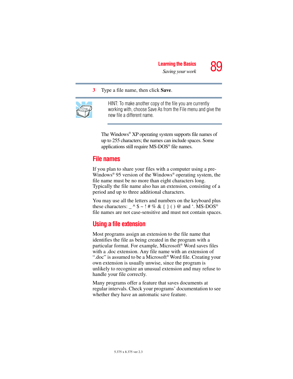 File names, Using a file extension | Toshiba SATELLITE A60 User Manual | Page 89 / 242