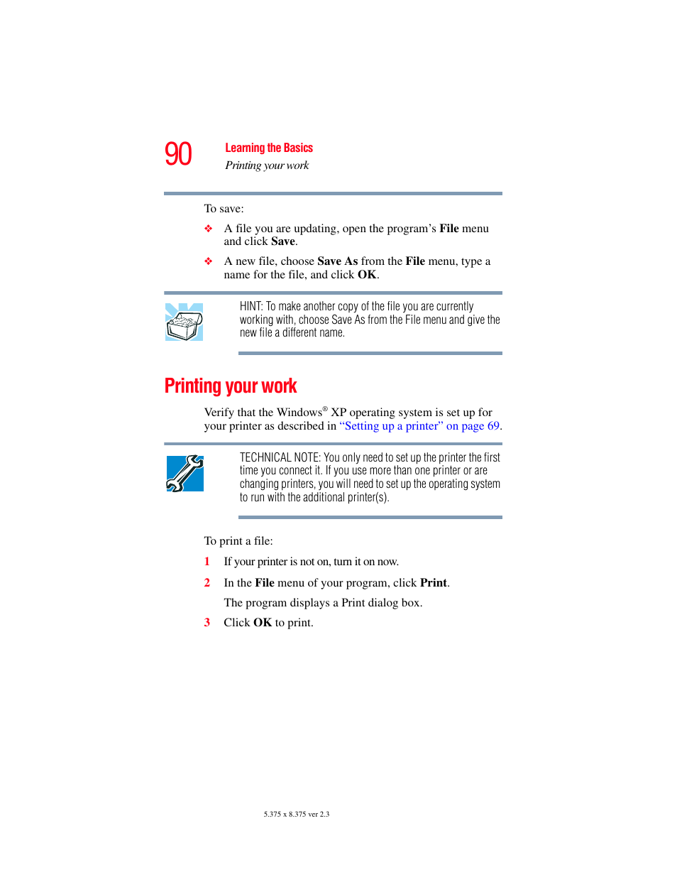 Printing your work | Toshiba SATELLITE A60 User Manual | Page 90 / 242