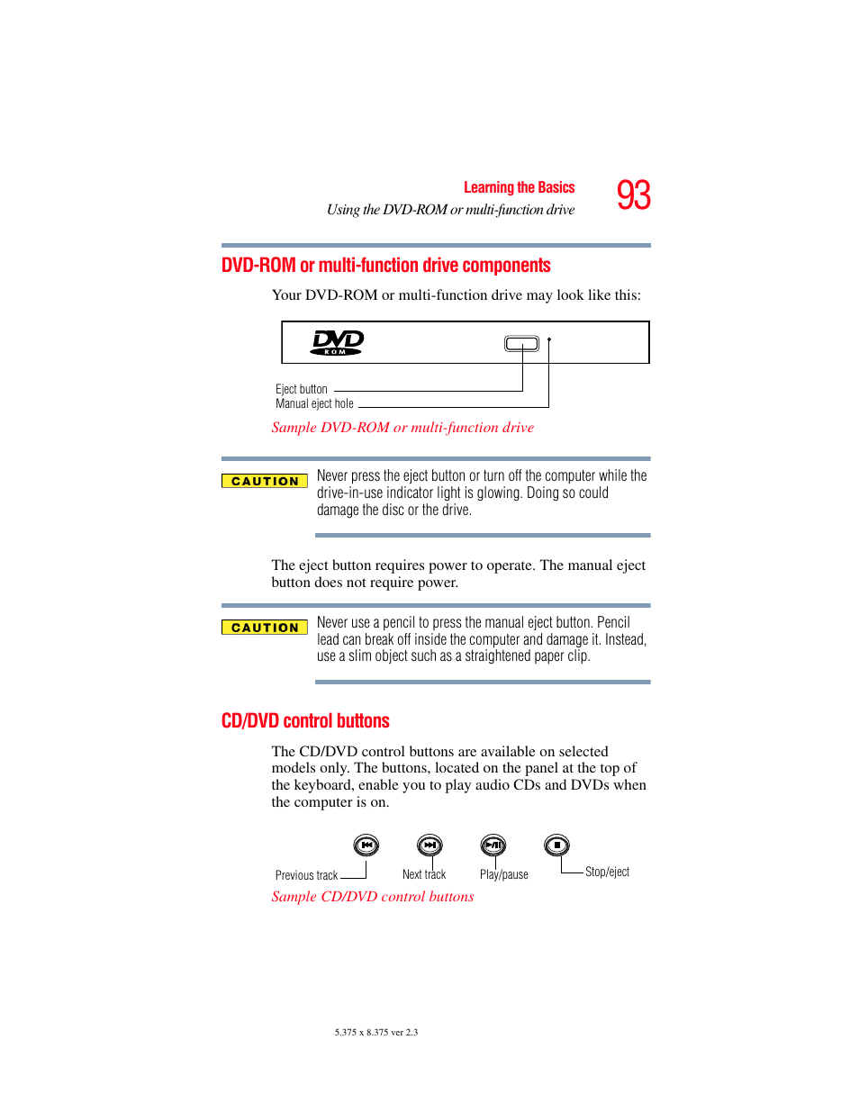 Dvd-rom or multi-function drive components, Cd/dvd control buttons, Dvd-rom or multi-function drive | Components | Toshiba SATELLITE A60 User Manual | Page 93 / 242