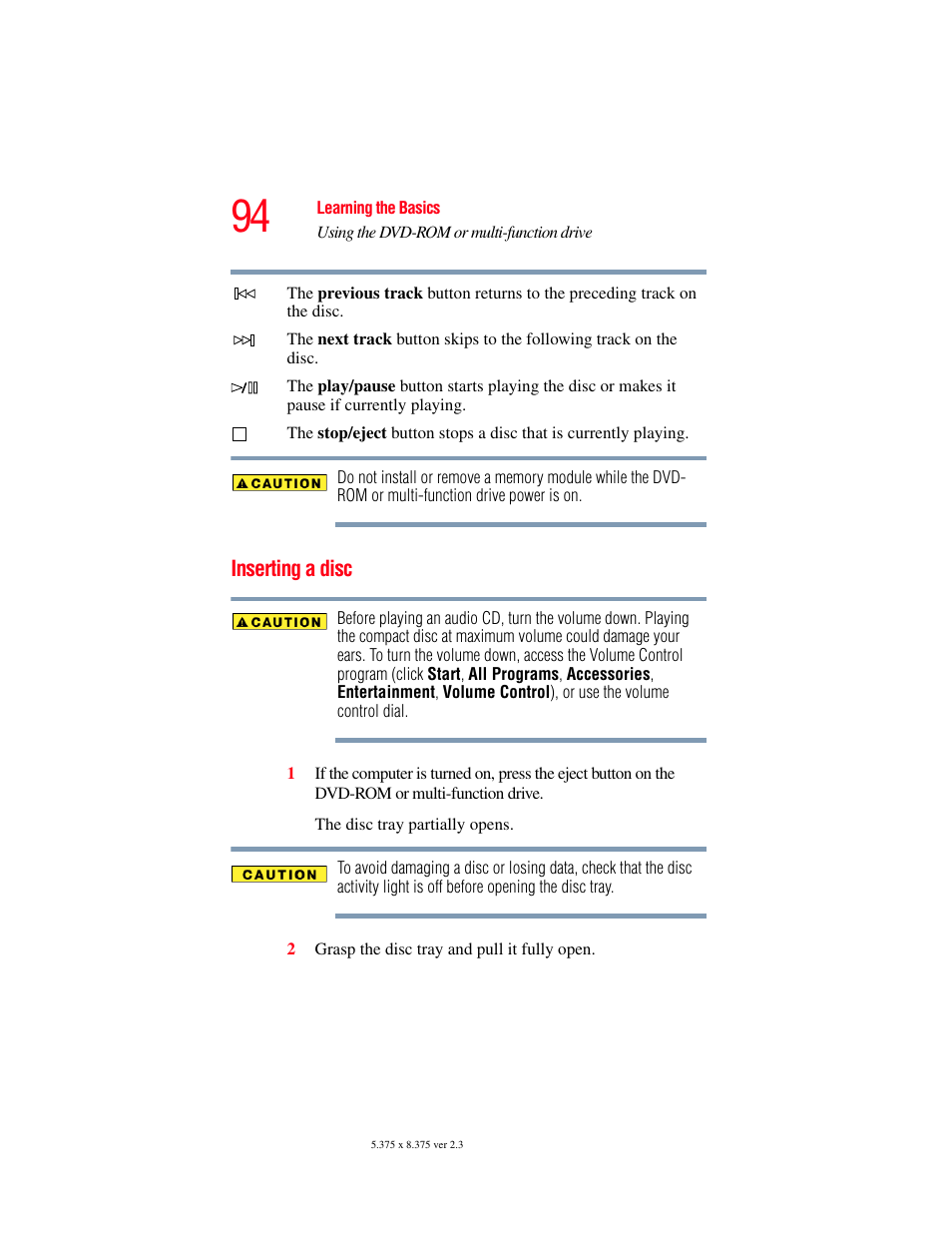 Inserting a disc | Toshiba SATELLITE A60 User Manual | Page 94 / 242