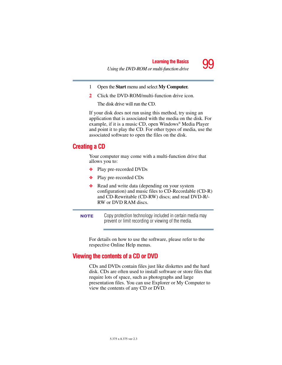 Creating a cd, Viewing the contents of a cd or dvd, Creating a cd viewing the contents of a cd or dvd | Toshiba SATELLITE A60 User Manual | Page 99 / 242